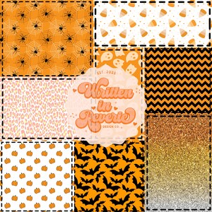 Peut inclure: Un motif patchwork avec des motifs d'Halloween. Les motifs comprennent des araignées sur des toiles, des bonbons en forme de maïs, des fantômes, un motif en chevrons, un imprimé léopard, des citrouilles, des chauves-souris et un dégradé de paillettes. Le motif comprend le texte "Written in Reverie Design Co."