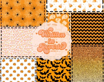 Halloween Patchwork Pattern: Webs, Bats, Pumpkins (Digital Paper, 300 DPI PNG)