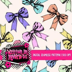 Puede incluir: Patrón digital sin costuras con lazos dibujados a mano en tonos morado, rosa, melocotón y turquesa sobre un fondo crema. El diseño incluye el texto "Written in Reverie Co." y "DIGITAL SEAMLESS PATTERN | 300 DPI".
