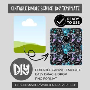 May include: A digital template for a Kindle Scribe 10-2, featuring a design with a leopard, lips, bows, and smiley faces. The template is ready to use and easy to drag and drop. The text includes "Editable Canva Template" and "PNG Format."