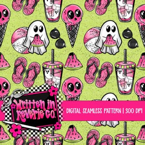 May include: A digital seamless pattern featuring a lime green background with repeating illustrations. The pattern includes pink ice cream cones, ghost characters, watermelon slices, flip-flops, and drinks. The text "DIGITAL SEAMLESS PATTERN | 300 DPI" is also present.