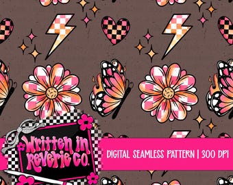 Pink and Orange Checkered Print Flowers & Butterflies: Seamless Pattern (Digital Download, 300 DPI PNG)