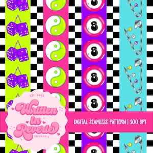Peut inclure: Un motif numérique sans couture avec des rayures verticales répétitives. Le motif comprend des dés violets, des symboles yin-yang, des boules de billard numéro 8 et des épingles de sûreté. La palette de couleurs comprend le rose, le vert, le violet et le bleu.