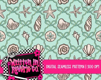 Preppy Coquette Glitter Sea Shells Seamless: Summer Surface Pattern | Digital Download | 300 DPI
