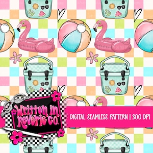 May include: A digital seamless pattern featuring summer-themed illustrations. The design includes pink flamingo floats, beach balls, and picnic coolers, set against a colorful checkered background. The text "Written in Reverie Co." and "DIGITAL SEAMLESS PATTERN | 300 DPI" are also present.