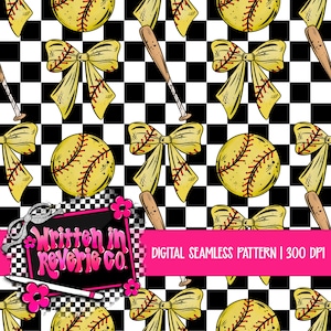 May include: Digital seamless pattern with yellow baseballs, bows, and bats set against a black and white chequered backdrop. The design includes the text "Written in Reverie Co." and "DIGITAL SEAMLESS PATTERN | 300 DPI".