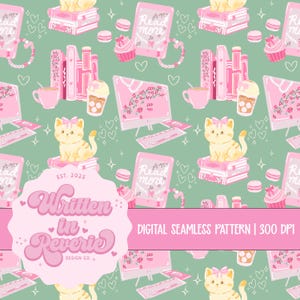 Puede incluir: Patrón digital sin costuras con un diseño repetitivo de computadoras rosas, tabletas, libros, cupcakes y gatos con lazos sobre un fondo verde. El patrón incluye el texto "Read more" y "Written in Reverie Design Co."