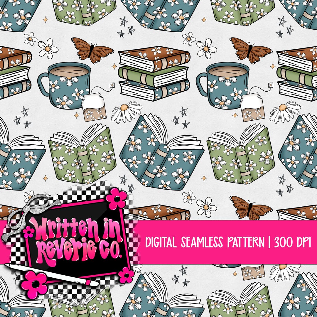 Floral Book Pattern: Flowers & Books Seamless Design (PNG | Digital ...