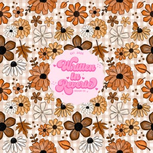Peut inclure: Motif répété de fleurs automnales marron, orange et blanches, avec des papillons et des feuilles, sur un fond à carreaux beige et blanc. Un cercle rose au centre porte l'inscription "Written in Reverie Design Co."