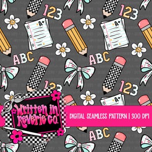 May include: A digital seamless pattern featuring school-themed icons on a dark grey background. The design includes yellow pencils, chequered pencils, white paper sheets with A+ grades, light blue bows, and the letters ABC and numbers 123.