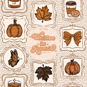 May include: A repeating pattern featuring fall-themed illustrations. The design includes pumpkins, maple leaves, a butterfly, a coffee cup with a donut, and a bow. The text "Written in Reverie" is also present. The color palette is warm, with shades of brown and orange.