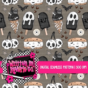 May include: A digital seamless pattern with Halloween motifs. The design includes skull cherries, ice cream cones with skeleton hands, ghost-shaped ice lollies, and bat silhouettes. The colour scheme is mainly black, white, and grey on a brown background.