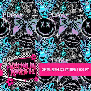 May include: Digital seamless pattern featuring a repeating design of leopard faces, disco balls, bows, lips, and smiley faces. The design includes the text "PLAY" and "Written in Reverie Co." in a vibrant color palette of black, pink, and teal.