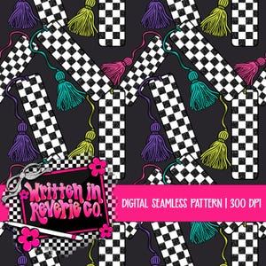 Puede incluir: Patrón digital sin costuras con marcadores a cuadros con borlas coloridas en morado, turquesa, rosa y amarillo. El diseño incluye el texto "Written in Reverie Co." y "Digital Seamless Pattern | 300 DPI" sobre un fondo negro.