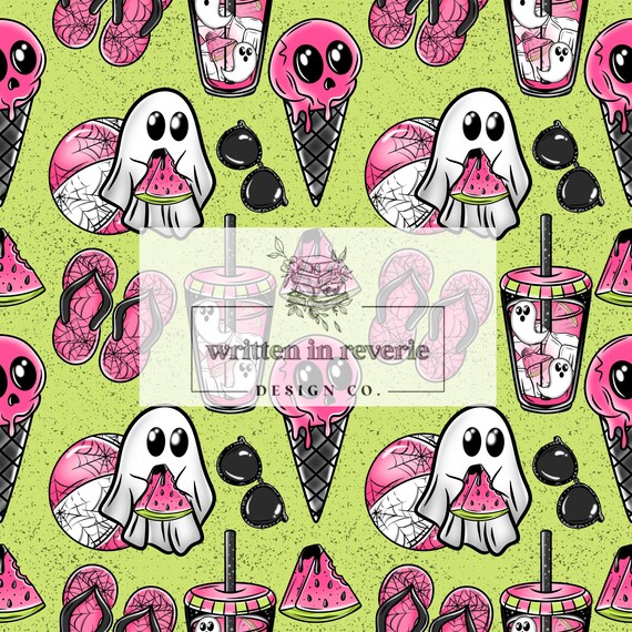 Spooky Summer Ghost Seamless Pattern: Watermelon PNG (Digital Download 12x12in