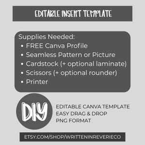 Op de afbeelding: Een grijze afbeelding met de tekst "EDITABLE INSERT TEMPLATE". Hieronder staat een lijst met benodigdheden voor een doe-het-zelfproject. De onderkant van de afbeelding bevat de tekst "EDITABLE CANVA TEMPLATE EASY DRAG & DROP PNG FORMAT."