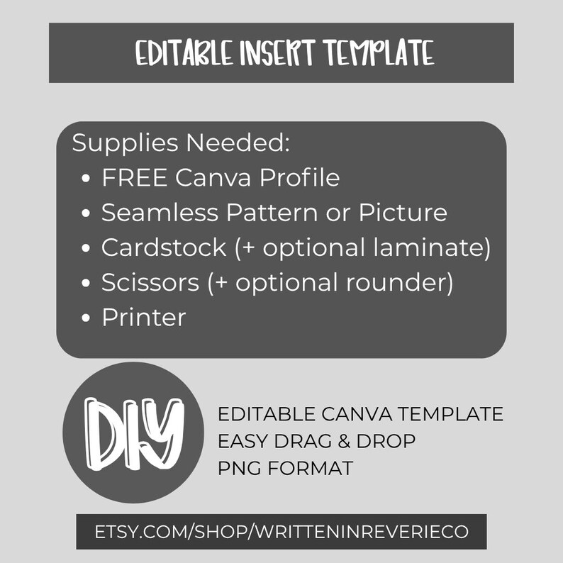 Op de afbeelding: Een grijze afbeelding met de tekst "EDITABLE INSERT TEMPLATE". Hieronder staat een lijst met benodigdheden voor een doe-het-zelfproject. De onderkant van de afbeelding bevat de tekst "EDITABLE CANVA TEMPLATE EASY DRAG & DROP PNG FORMAT."