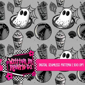 May include: Digital seamless pattern featuring a grayscale Halloween theme. The design includes a ghost, beach ball, drink, ice cream, SPF bottle, and bat illustrations. The text "Written in Reverie Co." and "DIGITAL SEAMLESS PATTERN | 300 DPI" are also present.
