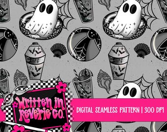 Monochrome Spooky Summer Ghost Seamless Pattern: Digital Download | 300 DPI