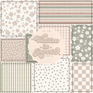 Op de afbeelding: Een collage van verschillende stofpatronen in neutrale tinten. Ontwerpen omvatten bloemen, stippen, strepen, ruitjes en een dambordpatroon. De tekst "Written in Reverie Design Co." staat in het midden.