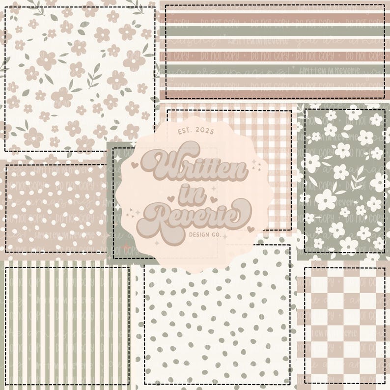 K&ouml;nnte beinhalten: Eine Collage aus verschiedenen Stoffmustern in neutralen T&ouml;nen. Designs umfassen Blumen, Punkte, Streifen, Vichy-Karo und ein Schachbrettmuster. Der Text "Written in Reverie Design Co." befindet sich in der Mitte.