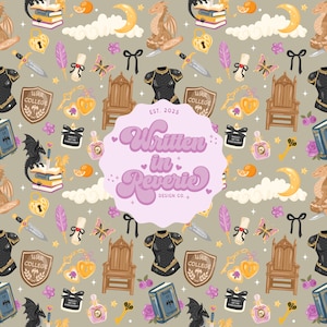 May include: A repeating pattern with fantasy illustrations on a grey background. Dragons, books, armour, keys, and moons are featured. The design includes the text "Written in Reverie Design Co." and "War College".