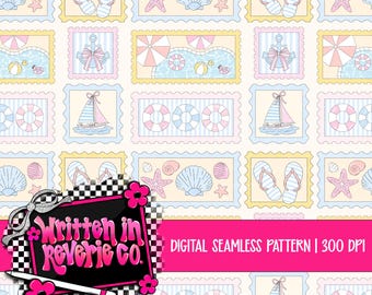 Preppy Summer Stamps Nautical Beach Seamless: Surface Pattern | Digital Download | 300 DPI
