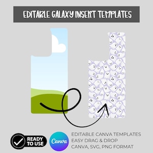 May include: An illustration of two phone case templates. One shows a landscape scene, the other a pattern of white ghosts on a lavender background. Text reads "EDITABLE GALAXY INSERT TEMPLATES" and "READY TO USE".