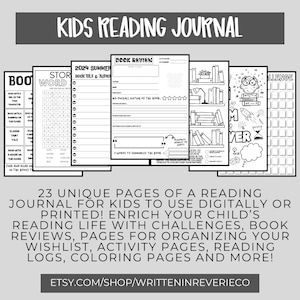 Op de afbeelding: Zwart-witte printbare leesdagboekpagina's voor kinderen. De pagina's bevatten een boekrecensie, een woordzoeker, een zomerleesdagboek, een boekpersonage-uitdaging en een kleurplaat. Het dagboek is ontworpen om kinderen te helpen hun leesvoortgang bij te houden en hun gedachten te ordenen over de boeken die ze lezen.