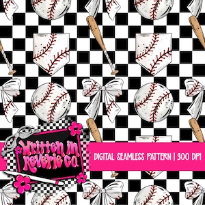 May include: Digital seamless pattern with baseballs, bats, bows, and a baseball glove shape on a black and white chequered background. The pattern includes the text "Written in Reverie Co." and "DIGITAL SEAMLESS PATTERN | 300 DPI".
