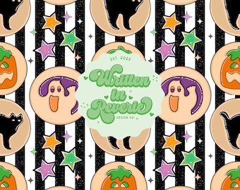 Halloween Seamless Pattern: Black Cat, Ghost, Pumpkin Cookies (Digital Paper, 300 DPI)