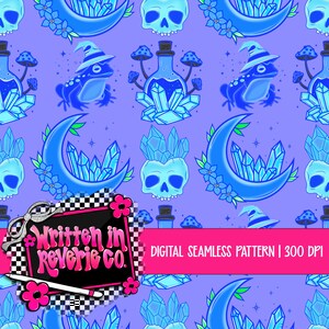 May include: Digital seamless pattern featuring blue witchy elements on a purple background. The design includes a frog wearing a witch hat, skulls, crescent moons, crystals, and potion bottles. The text "Written in Reverie Co." is also present.