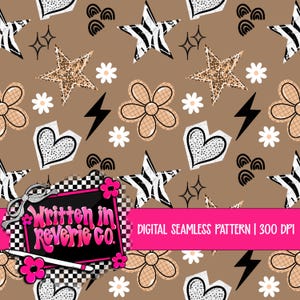 May include: A digital seamless pattern featuring a repeating design of stars, flowers, hearts, and lightning bolts in a brown color scheme. The stars have zebra and leopard print patterns. The text "Written in Reverie Co." is visible.