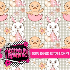 May include: Digital seamless pattern featuring Easter-themed illustrations. The design includes a repeating pattern of bunnies, chicks, flowers, and decorated eggs in pastel colors. The background is a light green and white checkered pattern. The text "DIGITAL SEAMLESS PATTERN | 300 DPI" is included.