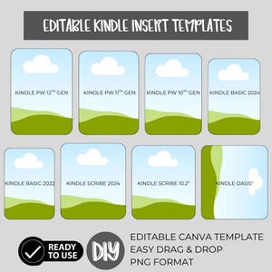 Può includere: Immagine di prodotto digitale con otto modelli di inserti Kindle. Ogni modello presenta un design cielo e paesaggio. Il testo include "Kindle PW 12th Gen", "Kindle PW 11th Gen", "Kindle PW 10th Gen", "Kindle Basic 2024", "Kindle Basic 2022", "Kindle Scribe 2024", "Kindle Scribe 10.2" e "Kindle Oasis".