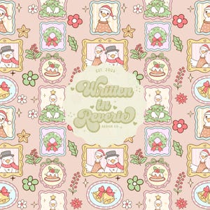 May include: A repeating pattern featuring Christmas-themed illustrations on a pink background. The design includes framed images of geese and snowmen, Christmas trees, wreaths, bells, and floral elements. The text "Written in Reverie Design Co." is also present.