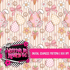 May include: A digital seamless pattern with an Easter theme. The design incorporates pink bunny-shaped eggs with floral details, carrots with bows, flowers, peace symbols, and pink bows. The background has vertical stripes. The text "Written in Reverie Co." is visible.