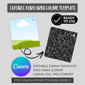 May include: Editable Canva template for Koro Libra color. The template features a simple landscape design with a blue sky, white cloud, and green hills. The template is easy to use and can be customized with your own colors and text. The template is available in Canva, SVG, and PNG formats.