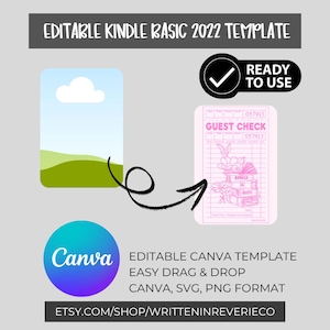 May include: A digital template with the text "EDITABLE KINDLE BASIC 2022 TEMPLATE." The design includes a cloud and landscape graphic, a pink guest check, and a Canva logo. Text reads "READY TO USE."