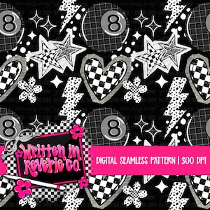 May include: A digital seamless pattern with a black background featuring white and gray stars, hearts, flowers, lightning bolts, and number 8 ball graphics. The design includes a pink banner with the text "DIGITAL SEAMLESS PATTERN | 300 DPI" and a logo that says "Written in Reverie Co."