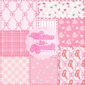 May include: A patchwork design with pink patterns, such as bows, plaid, and Christmas lights. The design includes the text "Written in Reverie DESIGN CO + EST. 2025" in a pink, cursive font. The overall theme is cute and feminine.