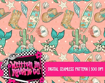 Preppy Coastal Cowgirl Western Seamless: Summer Surface Pattern | Digital Download | 300 DPI
