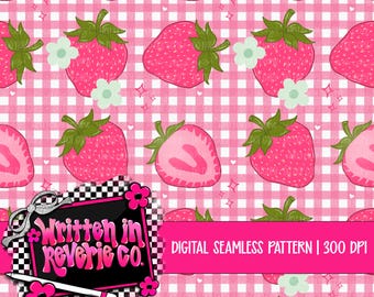 Gingham Strawberries Seamless Pattern (Digital Download, 300 DPI PNG)
