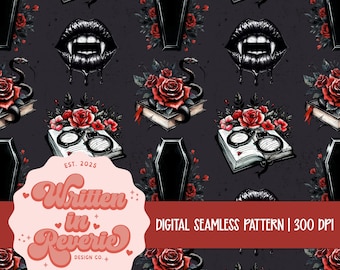 Puede incluir: Un patrón digital sin costuras con elementos góticos sobre un fondo gris oscuro. El diseño incluye libros abiertos con esposas, rosas rojas, ataúdes negros, serpientes y colmillos de vampiro. También está presente el texto "Written in Reverie Design Co.".