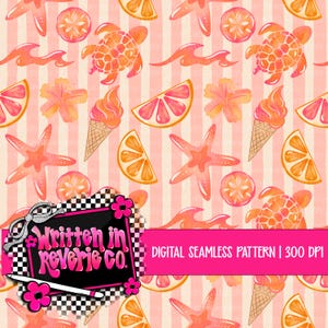 May include: A digital seamless pattern featuring a repeating design of orange sea turtles, starfish, waves, citrus slices, hibiscus flowers, and ice cream cones. The design is set against a pink and white striped background. The text "Written in Reverie Co." is visible.