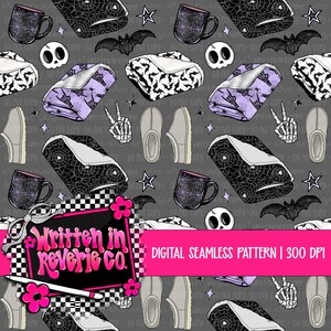May include: A digital seamless pattern featuring a dark gray background with repeating illustrations of black spiderweb mugs, white skulls, black bats, folded lavender blankets, gray slippers, skeleton hands, and small stars.