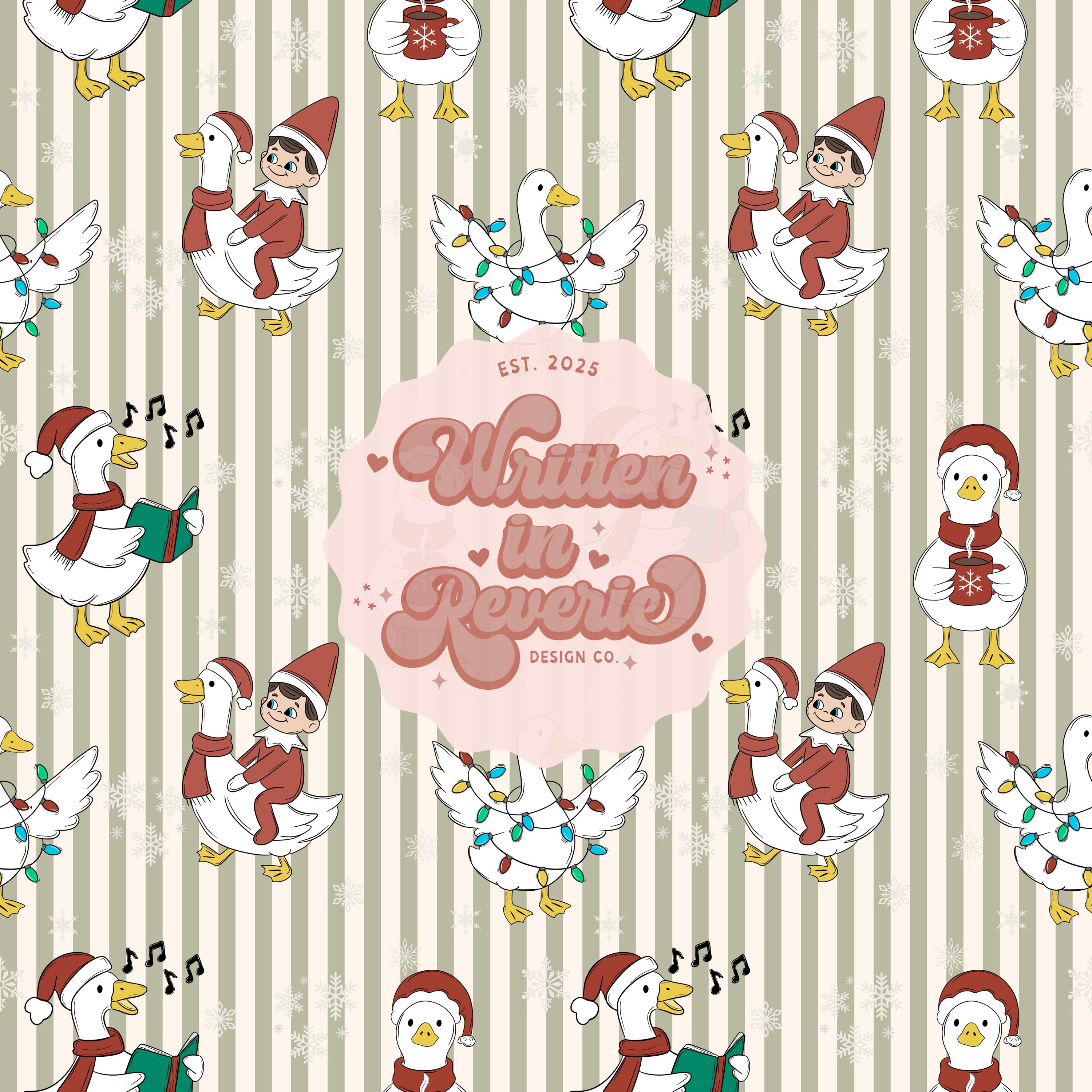 May include: A repeating pattern featuring white geese with Christmas hats and scarves, some with string lights, and elves riding geese. The design includes musical notes and snowflakes on a striped background. The text "Written in Reverie Design Co." is also present.