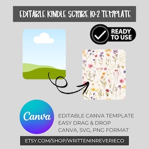 Puede incluir: Imagen que promociona una plantilla editable para Kindle Scribe 10-2. El diseño incluye una ilustración de paisaje, un patrón floral y el logotipo de Canva. El texto incluye "Ready to Use" y "Editable Canva Template".