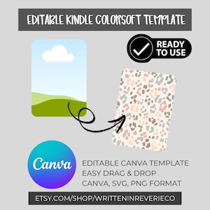 Könnte beinhalten: Editierbare Kindle Colorsoft-Vorlage mit einem Design aus grünen Hügeln und blauem Himmel. Die Vorlage ist gebrauchsfertig und kann mit Canva angepasst werden. Die Vorlage ist in den Formaten Canva, SVG und PNG verfügbar.