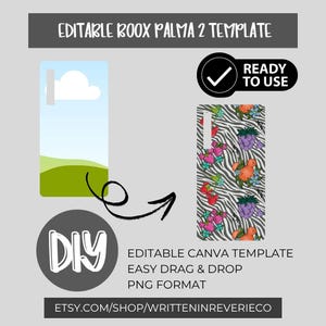 May include: A digital template for the Boox Palma 2, with a zebra print phone case design and colourful floral and fruit illustrations. The image includes the text "EDITABLE BOOX PALMA 2 TEMPLATE" and "READY TO USE".